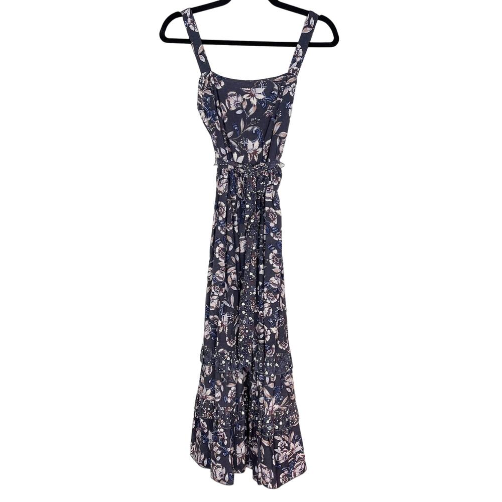 New Evereve Roan + Ryan XS Blue Madison Mixed Print Midi Dress Square Neck